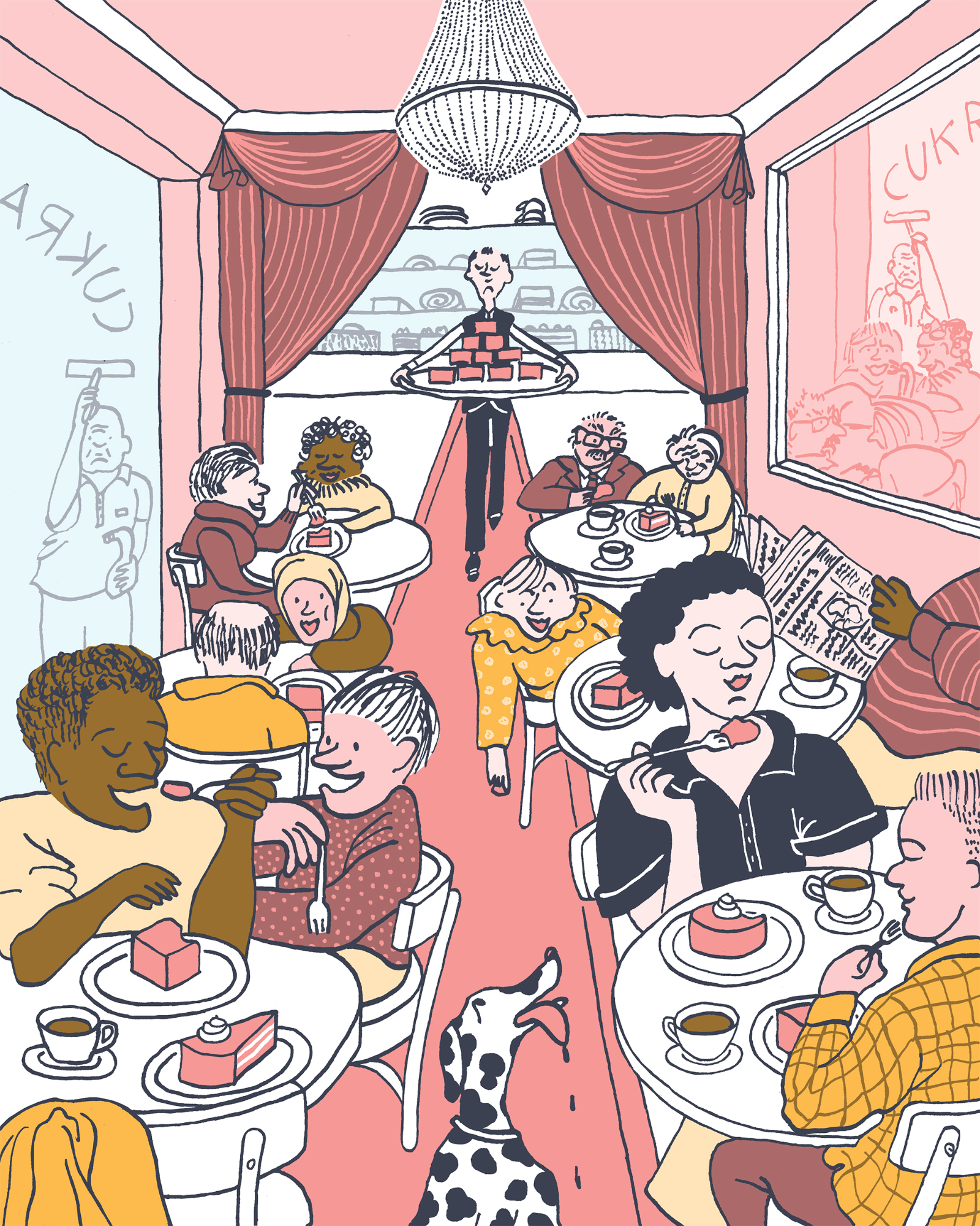 Illustration of a busy coffeehouse interior